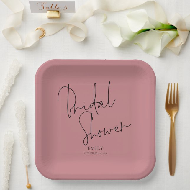 Elegant Script Name Dusty Rose Pink Bridal Shower Paper Plate (Wedding)