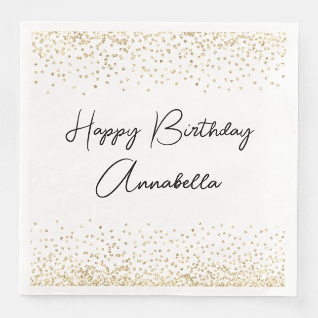 Elegant Script Name Gold Glitter Happy Birthday Napkin (Front)