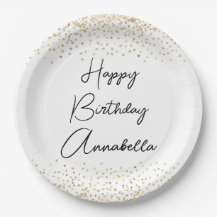 Elegant Script Name Gold Glitter Happy Birthday Paper Plate
