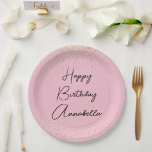 Elegant Script Name Gold Glitter on Blush Pink Paper Plate