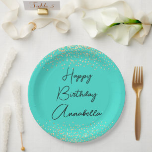 Elegant Script Name Gold Glitter on Turquoise Paper Plate