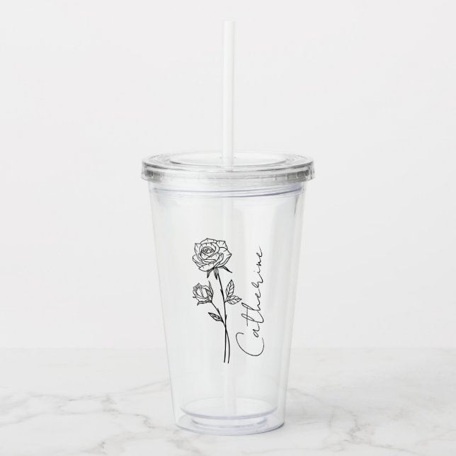 Elegant Script Name June Birth Month Flower Rose Acrylic Tumbler (Front)