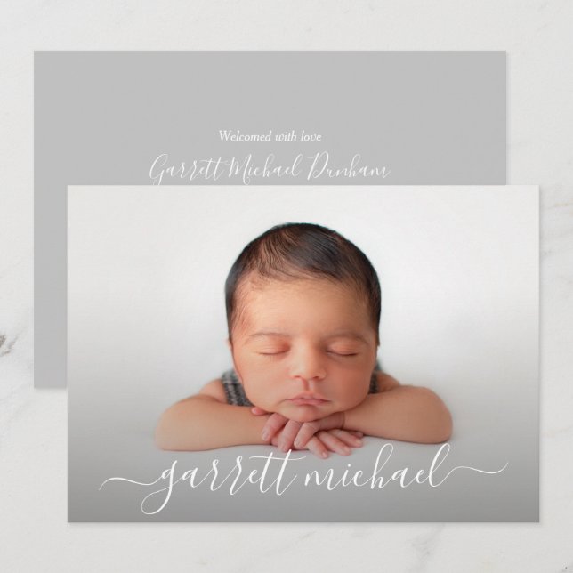 Elegant Script Name Photo Baby Birth Announcements (Front/Back)
