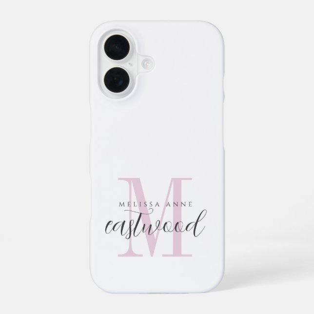 Elegant Script Name Pink Black Monogram  iPhone 16 Case (Back)