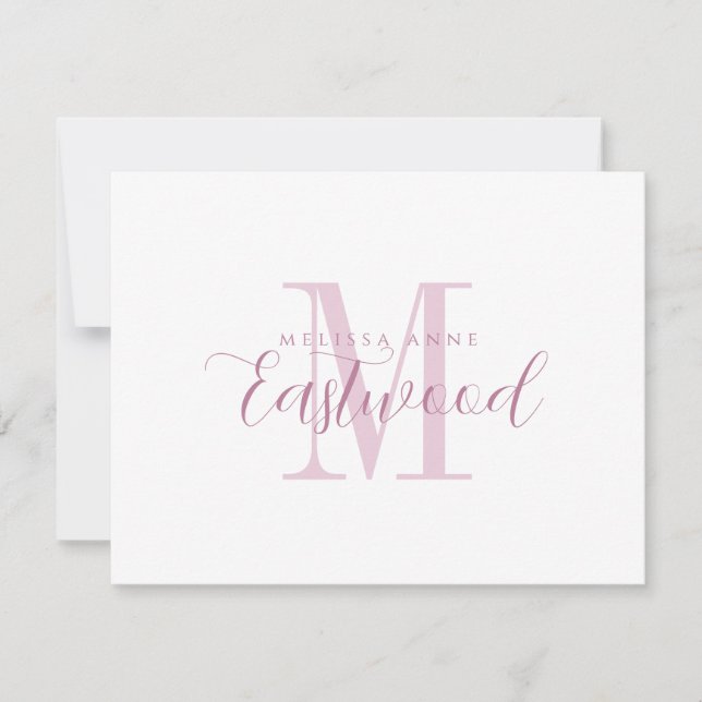 Elegant Script Name Pink Monogram Flat Note Card (Front)