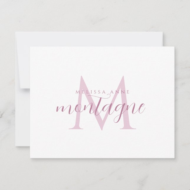 Elegant Script Name Pink Monogram Flat Note Card (Front)