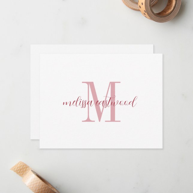 Elegant Script Name Rose Monogram Flat Note Card (Front/Back In Situ)