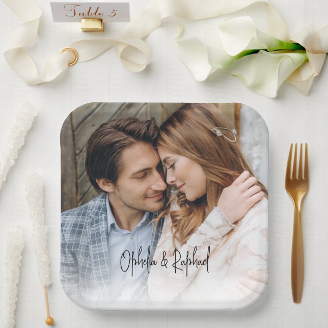 Elegant Script Names Photo Overlay Wedding Paper Plate (Wedding)