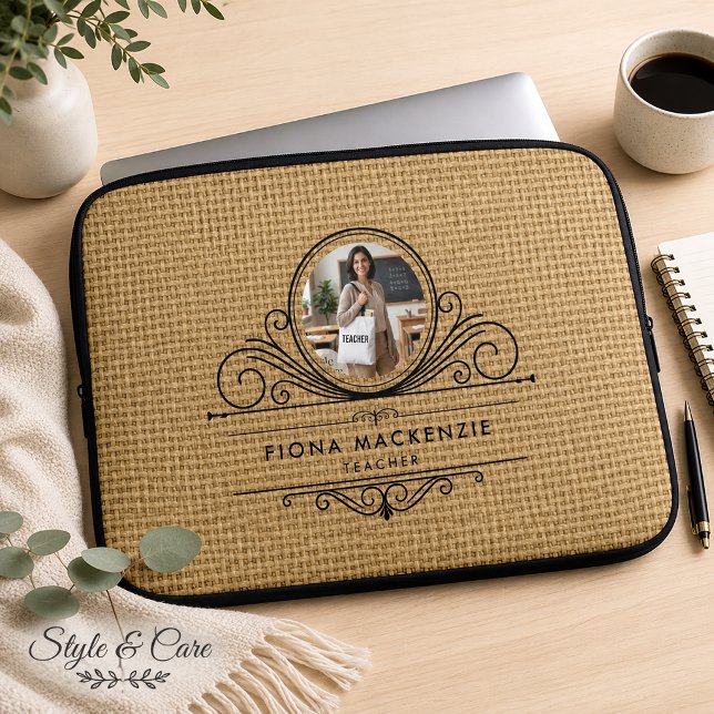 Elegant Script Natural Jute Texture Laptop Sleeve (Elegant Script Natural Jute Texture Laptop Sleeve)