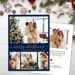 Elegant Script Navy 4 Photo Collage Christmas Holiday Card<br><div class="desc">Minimalist, Elegant Calligraphy 4 Photo Collage Merry Christmas Script Holiday Card in Navy and Gold. This festive, simple four (4) photo holiday card template feature a pretty grid photo collage and says „Merry Christmas”! The „Merry Christmas” greeting text is written in a beautiful hand lettered swirly swash-tail font type. On...</div>