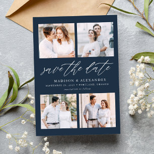 Elegant Script Navy 4 Photo Collage Save The Date
