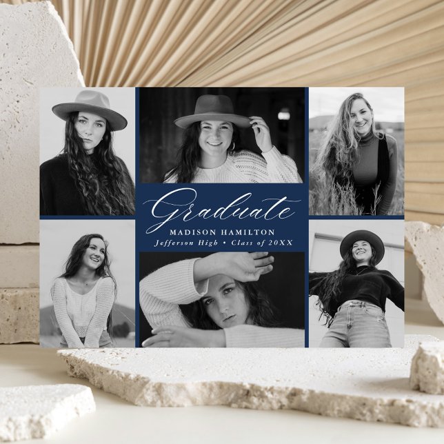 Elegant Script Navy 6 Photo Collage Graduation Announcement (Creator Uploaded)