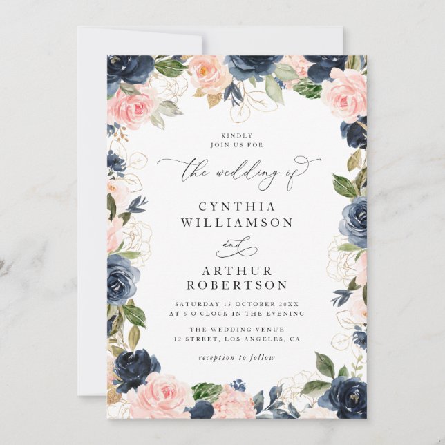 elegant script navy and blush floral wedding invitation (Front)