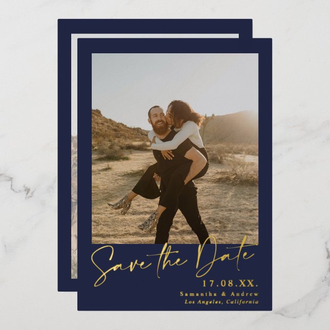 Elegant script navy blue 2 photos save the date (Front/Back)