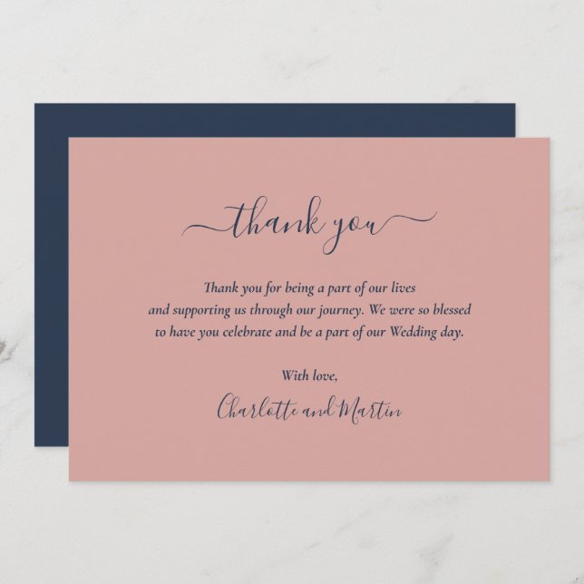 Elegant Script Navy Blue and Blush Thank You Card (Front/Back)