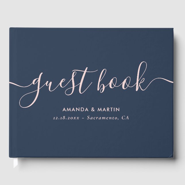 Elegant Script Navy Blue and Blush Wedding Guest Book (Front)
