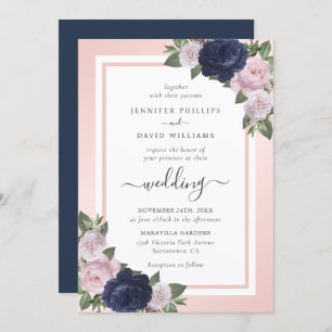 Elegant Script Navy Blue Blush Floral Wedding Invitation