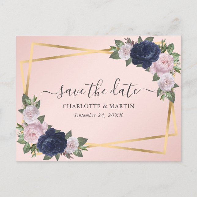 Elegant Script Navy Blue Blush Gold Save The Date Announcement Postcard (Front)