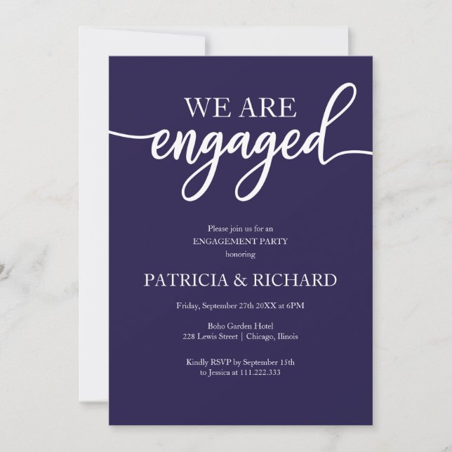 Elegant Script Navy Blue Engagement Party Invitation (Front)