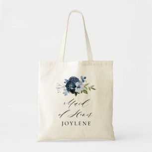 elegant script navy blue floral maid of honour tote bag