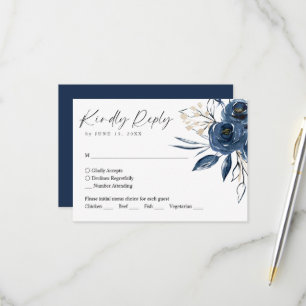 Elegant Script Navy Blue Floral Wedding RSVP Card