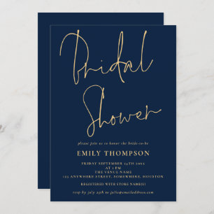 Elegant Script Navy Blue Gold Bridal Shower  Invitation