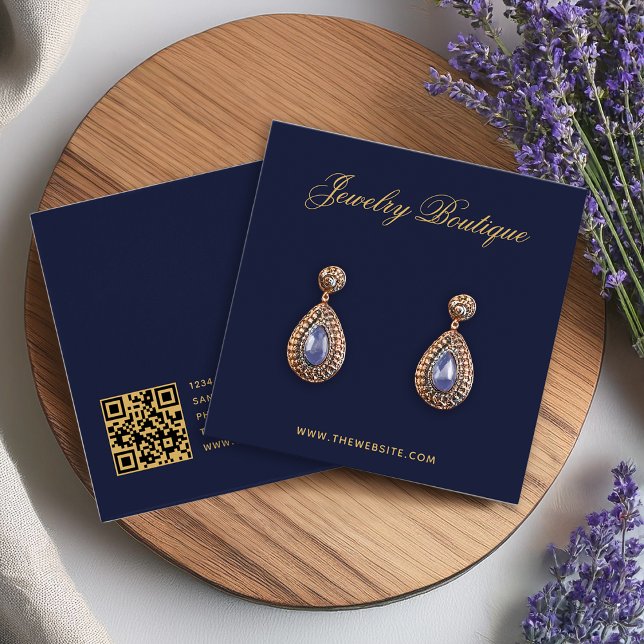 Elegant Script Navy Blue Gold Earring Display Card (Creator Uploaded)