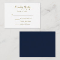 Elegant Script Navy Blue Gold White RSVP Card