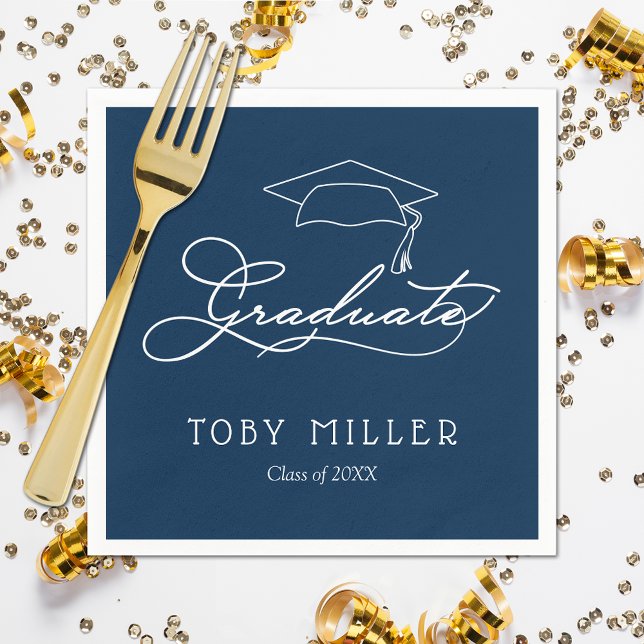 Elegant Script | Navy Blue Graduation Paper Napkin (White script grad cap on navy blue personalized graduation napkins, paper plates in our store)