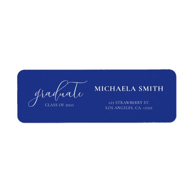 Elegant Script Navy Blue Graduation Return Address Label (Front)