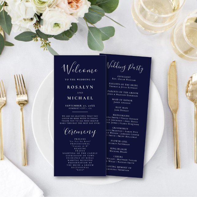 Elegant Script Navy Blue Modern Minimalist Wedding Program (Creator Uploaded)