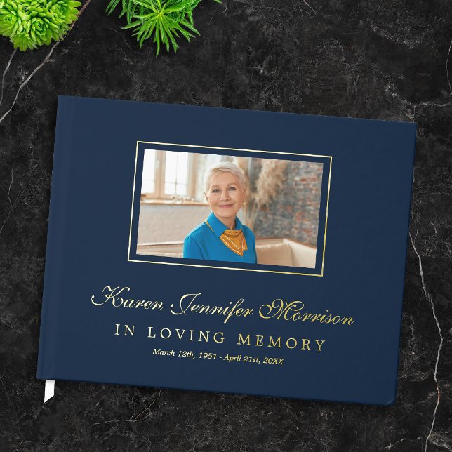 Elegant Script Navy Blue Photo In Loving Memory Guest Book (Creator Uploaded)