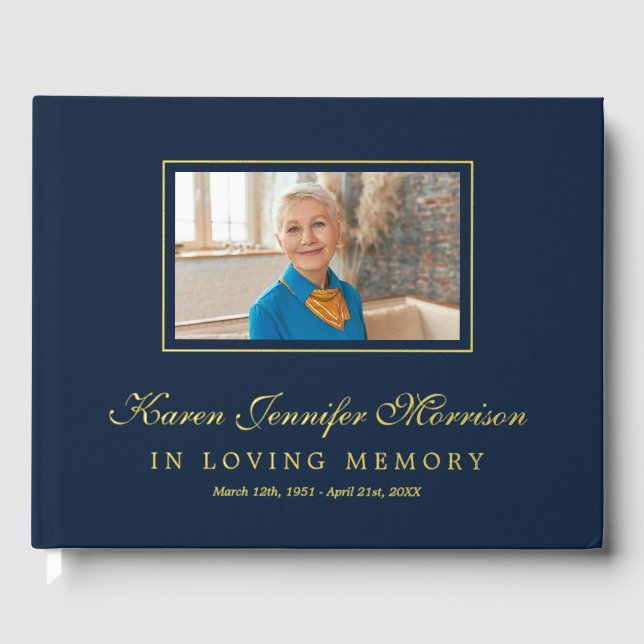 Elegant Script Navy Blue Photo In Loving Memory Guest Book (Front)