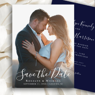 Elegant Script Navy Blue Photo Minimalist Wedding Save The Date