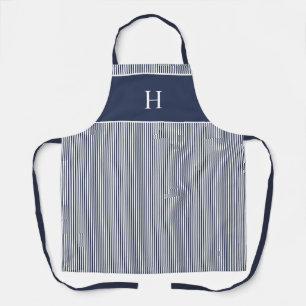Elegant Script Navy Blue Stripe Monogram Apron