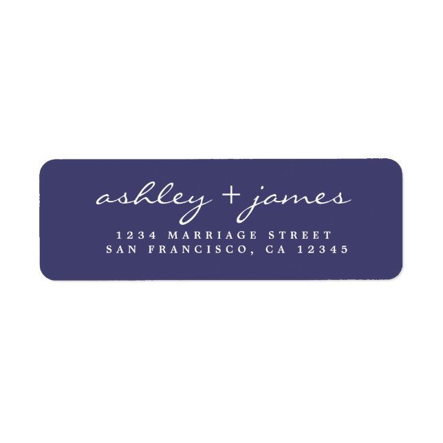 Elegant Script Navy Blue Wedding Return Address Label (Front)