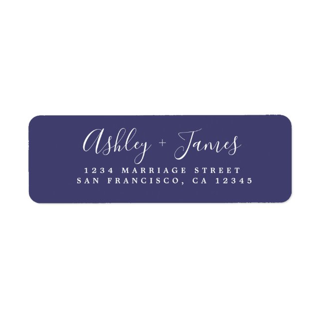 Elegant Script Navy Blue Wedding Return Address Label (Front)