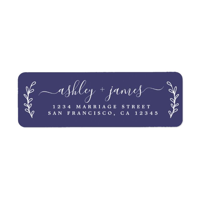 Elegant Script Navy Blue Wedding Return Address Label (Front)