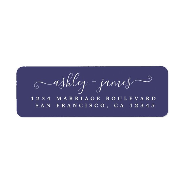 Elegant Script Navy Blue Wedding Return Address Label (Front)