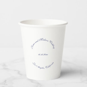 Elegant script navy blue white names wedding paper cups