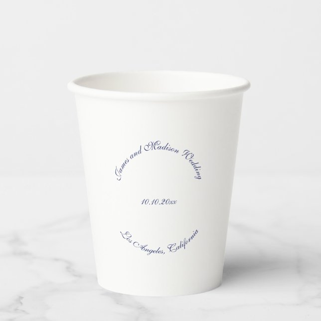 Elegant script navy blue white names wedding paper cups (Front)