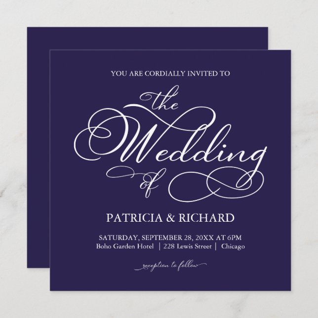 Elegant Script Navy Blue White Wedding Invitation (Front/Back)