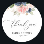 Elegant script navy blush floral wedding thank you classic round sticker<br><div class="desc">This design features beautiful navy and blush watercolor flowers and an Elegant script with lovely script text that can be personalised.</div>