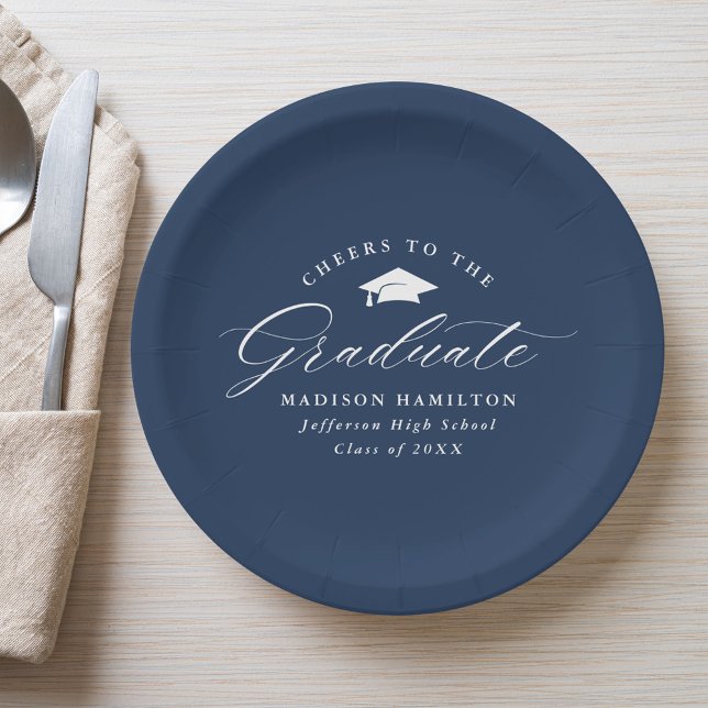 Elegant Script Navy Cheers to the Graduate Paper Plate (Creator Uploaded)