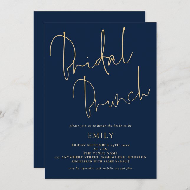 Elegant Script Navy Gold Bridal Shower Brunch Invitation (Front/Back)