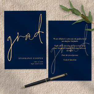Elegant Script Navy Gold Graduation Announcement