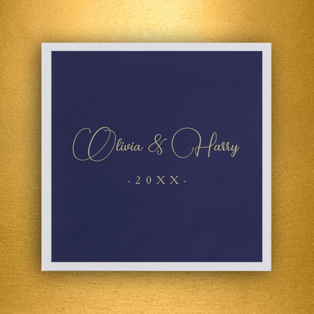 Elegant Script Navy Gold Wedding Paper Napkin (Personalize Your Names in Elegant Stylish Script. Add Custom Year.)