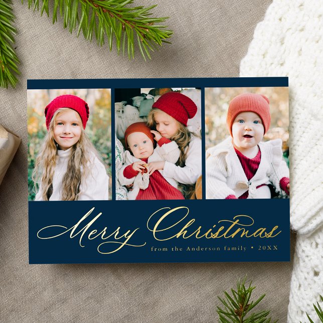 Elegant Script Navy Merry Christmas 3 Photo Foil Holiday Card (Creator Uploaded)