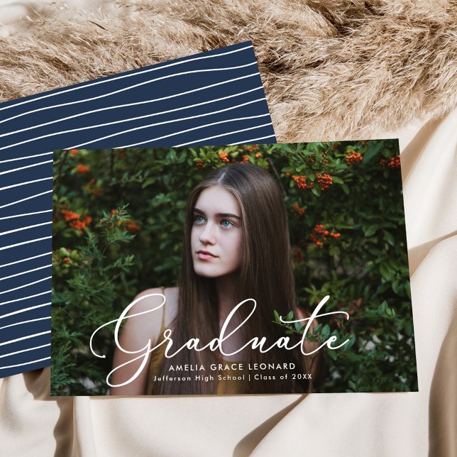Elegant Script Navy Photo Graduation Announcement (Creator Uploaded)