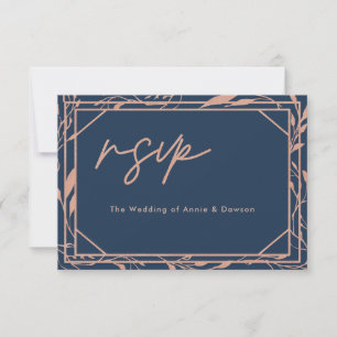 Elegant Script Navy Rose Gold Wedding RSVP Card